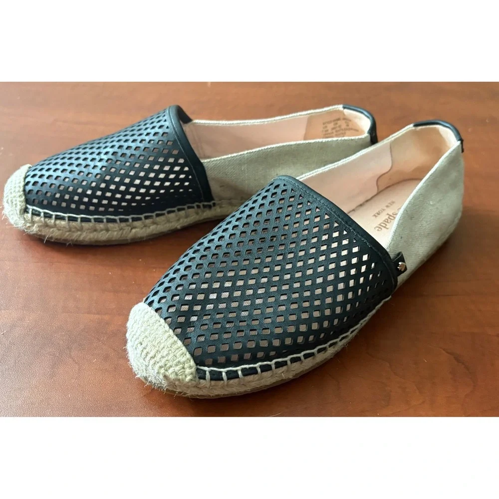 Kate Spade Greer Black Perforated Leather Espadrille Flats Shoes Womens 7.5B